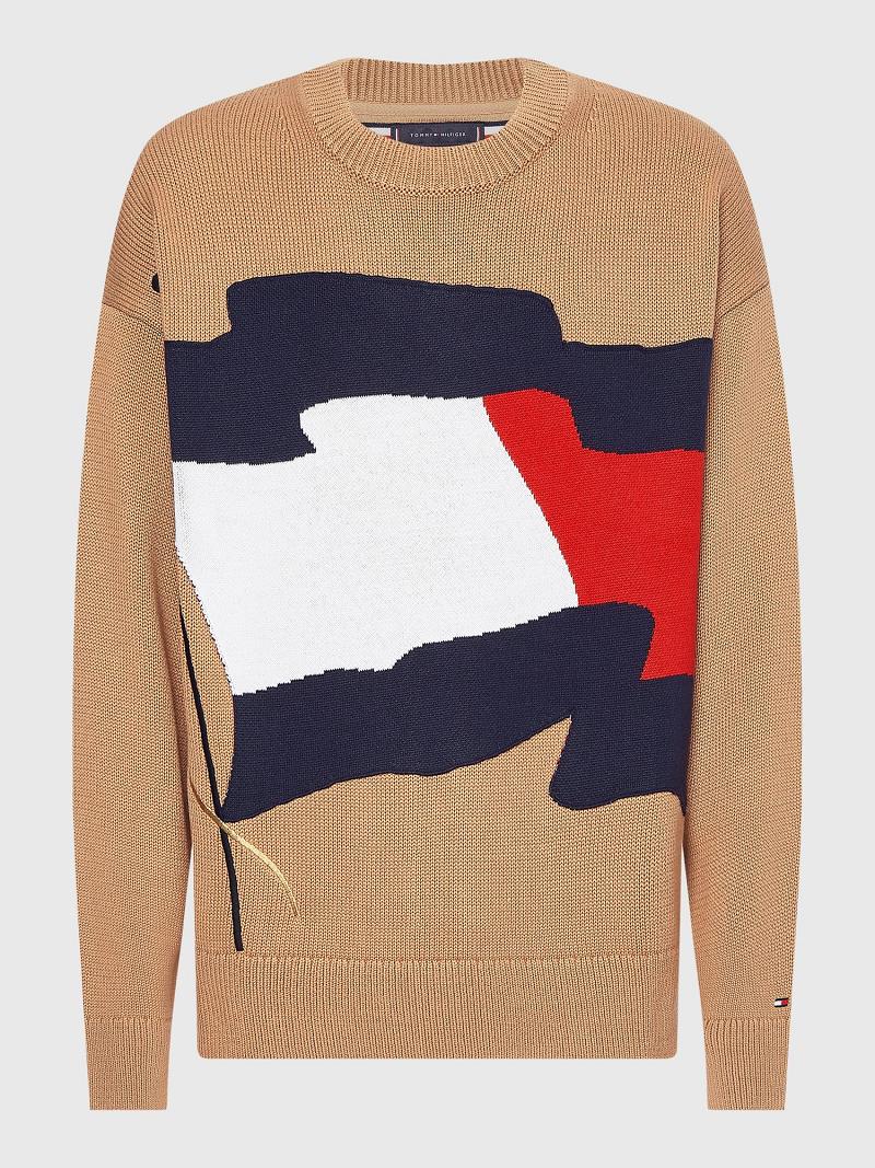 Férfi Tommy Hilfiger Wavy flag crewneck Pulóverek Barna | HU 962DFM